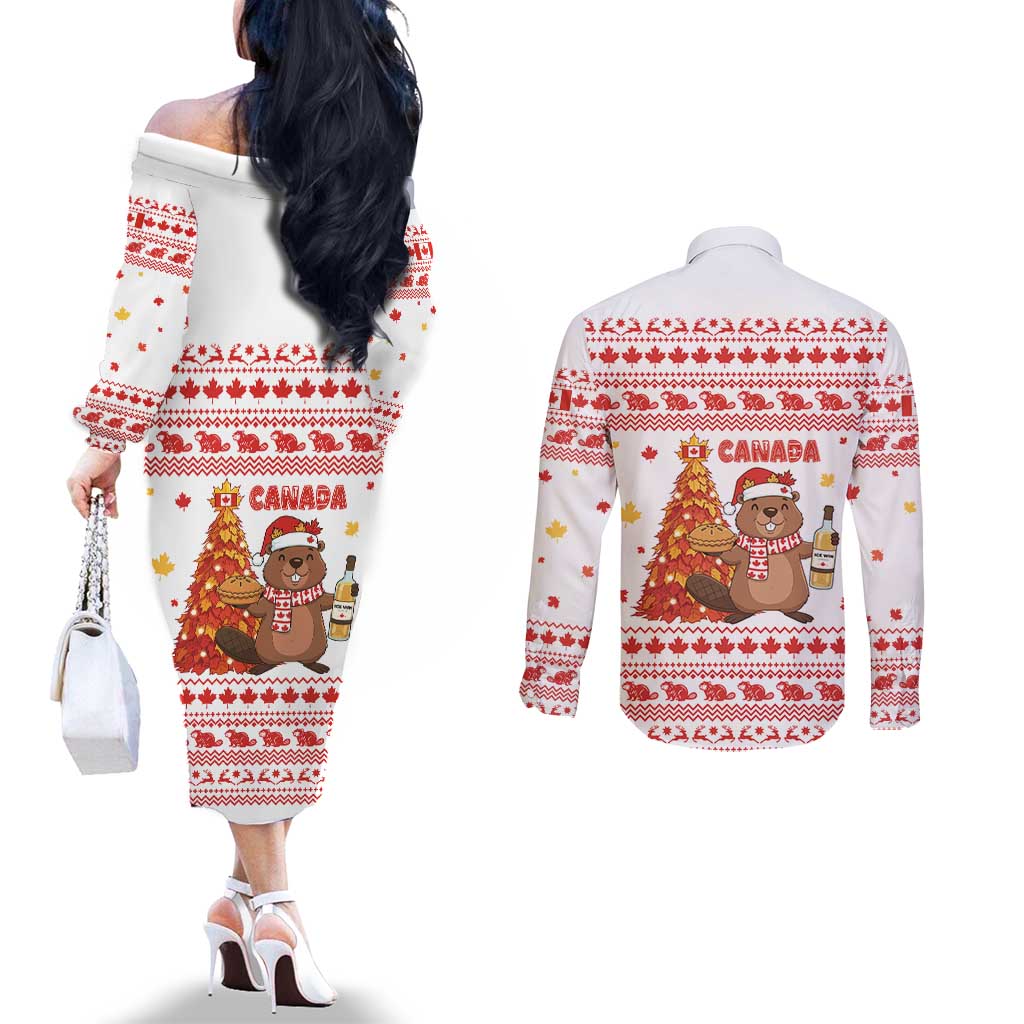 Canada Christmas Couples Matching Off The Shoulder Long Sleeve Dress and Long Sleeve Button Shirt with Beaver Maple Tree Ice Wine Pie and Red White Knit Pattern Design - Wonder Print Shop