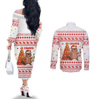 Canada Christmas Couples Matching Off The Shoulder Long Sleeve Dress and Long Sleeve Button Shirt with Beaver Maple Tree Ice Wine Pie and Red White Knit Pattern Design - Wonder Print Shop