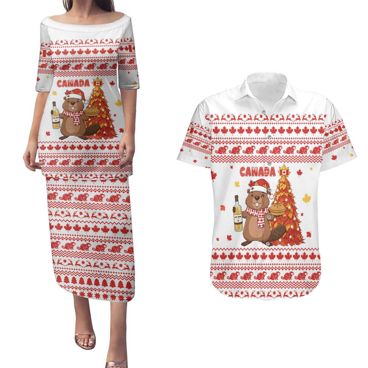 Canada Christmas Couples Matching Puletasi and Hawaiian Shirt with Beaver Maple Tree Ice Wine Pie and Red White Knit Pattern Design - Wonder Print Shop