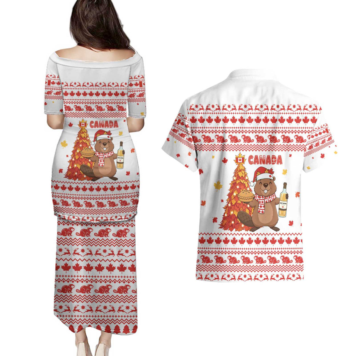 Canada Christmas Couples Matching Puletasi and Hawaiian Shirt with Beaver Maple Tree Ice Wine Pie and Red White Knit Pattern Design - Wonder Print Shop