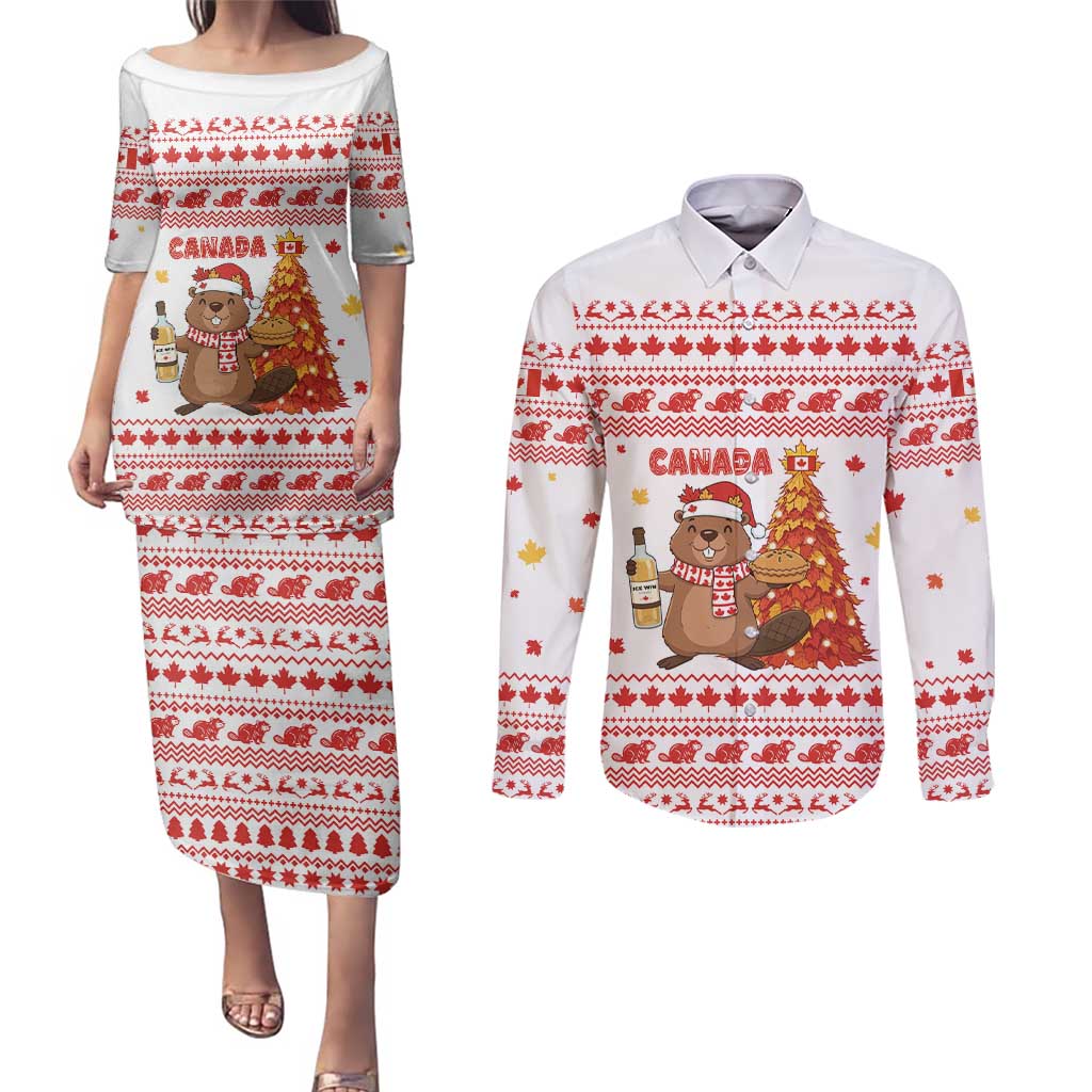 Canada Christmas Couples Matching Puletasi and Long Sleeve Button Shirt with Beaver Maple Tree Ice Wine Pie and Red White Knit Pattern Design - Wonder Print Shop