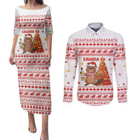 Canada Christmas Couples Matching Puletasi and Long Sleeve Button Shirt with Beaver Maple Tree Ice Wine Pie and Red White Knit Pattern Design - Wonder Print Shop