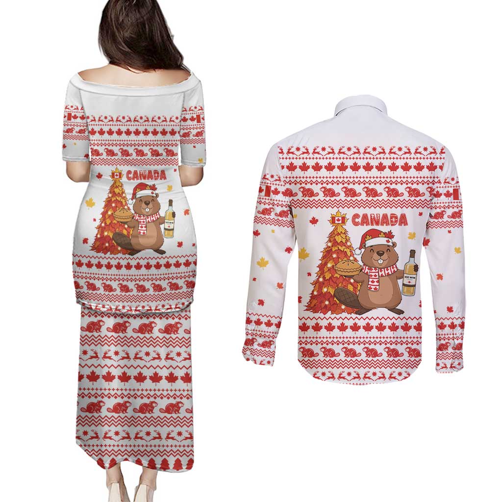 Canada Christmas Couples Matching Puletasi and Long Sleeve Button Shirt with Beaver Maple Tree Ice Wine Pie and Red White Knit Pattern Design - Wonder Print Shop