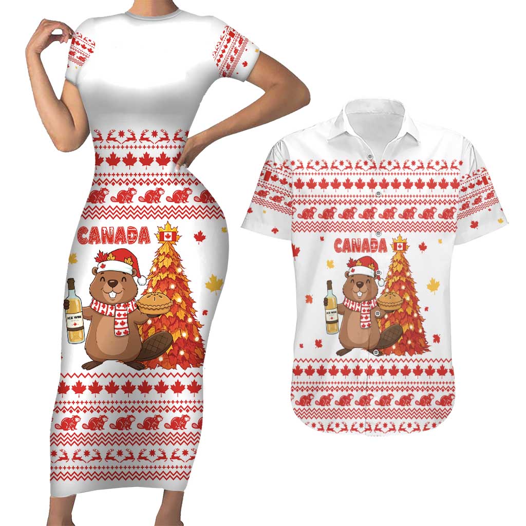 Canada Christmas Couples Matching Short Sleeve Bodycon Dress and Hawaiian Shirt with Beaver Maple Tree Ice Wine Pie and Red White Knit Pattern Design - Wonder Print Shop