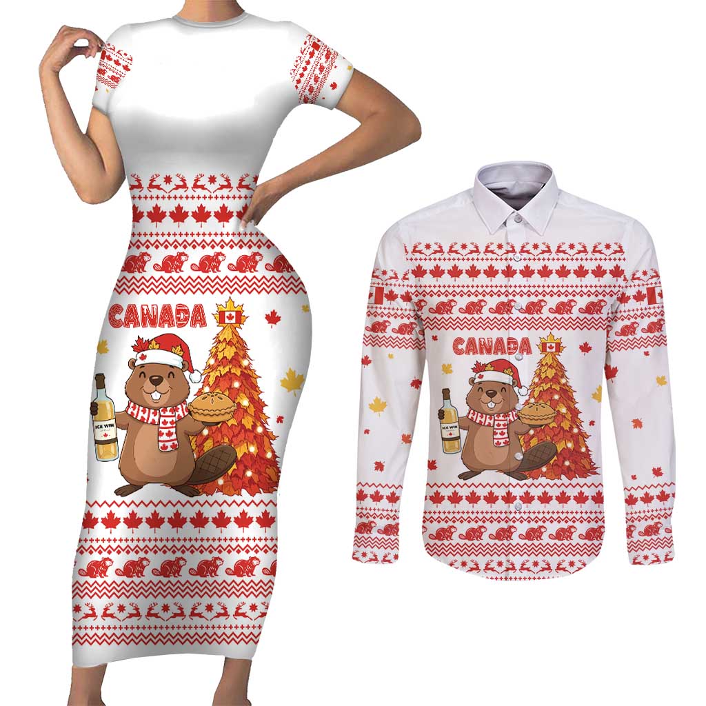 Canada Christmas Couples Matching Short Sleeve Bodycon Dress and Long Sleeve Button Shirt with Beaver Maple Tree Ice Wine Pie and Red White Knit Pattern Design - Wonder Print Shop