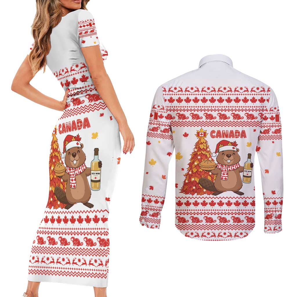 Canada Christmas Couples Matching Short Sleeve Bodycon Dress and Long Sleeve Button Shirt with Beaver Maple Tree Ice Wine Pie and Red White Knit Pattern Design - Wonder Print Shop