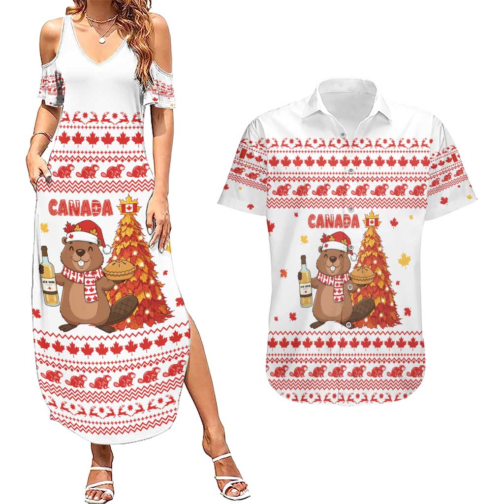 Canada Christmas Couples Matching Summer Maxi Dress and Hawaiian Shirt with Beaver Maple Tree Ice Wine Pie and Red White Knit Pattern Design - Wonder Print Shop
