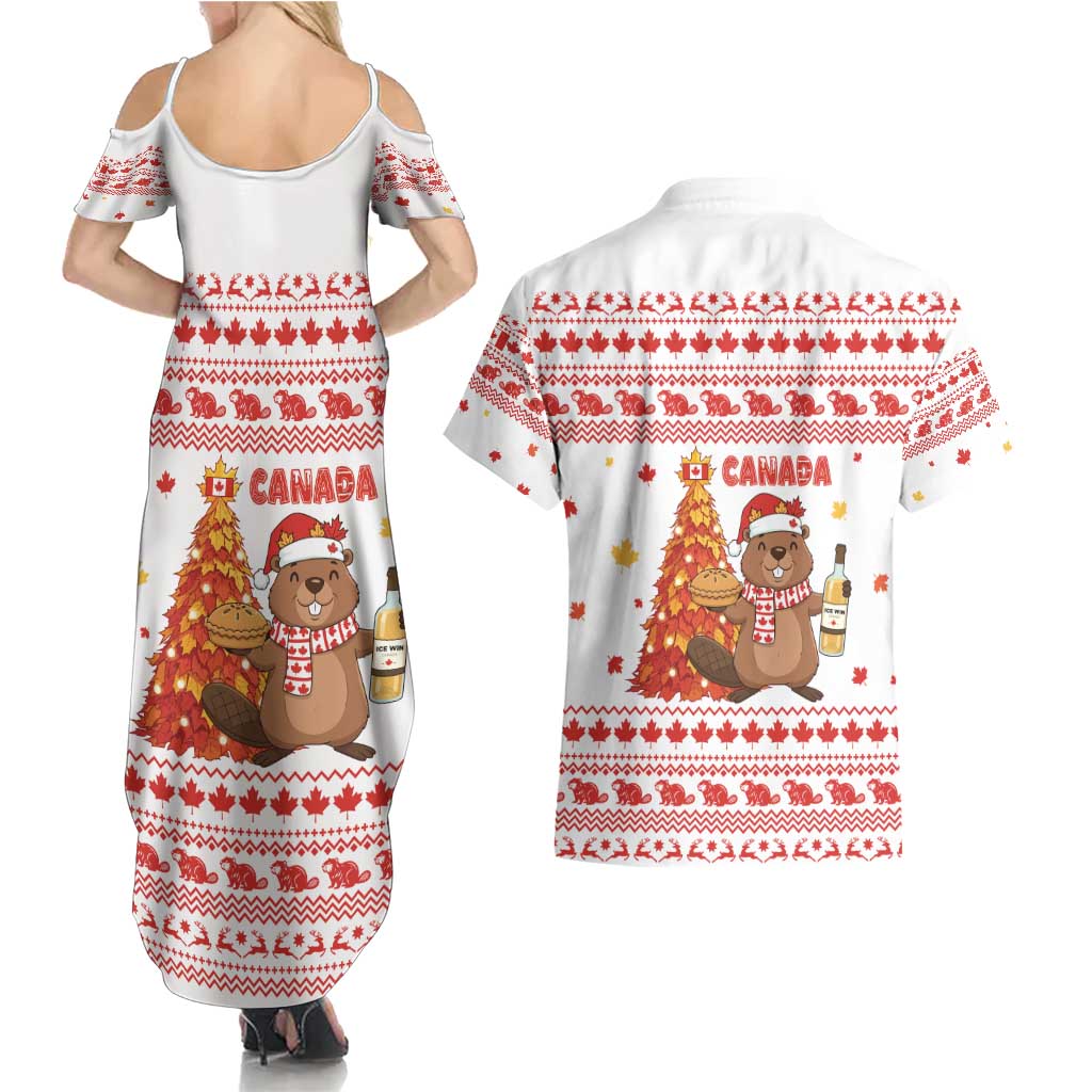 Canada Christmas Couples Matching Summer Maxi Dress and Hawaiian Shirt with Beaver Maple Tree Ice Wine Pie and Red White Knit Pattern Design - Wonder Print Shop