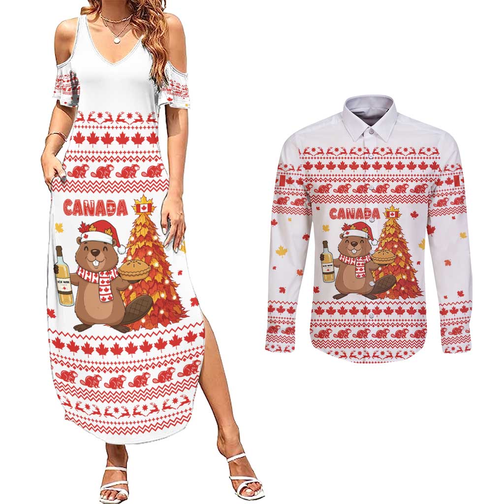 Canada Christmas Couples Matching Summer Maxi Dress and Long Sleeve Button Shirt with Beaver Maple Tree Ice Wine Pie and Red White Knit Pattern Design - Wonder Print Shop