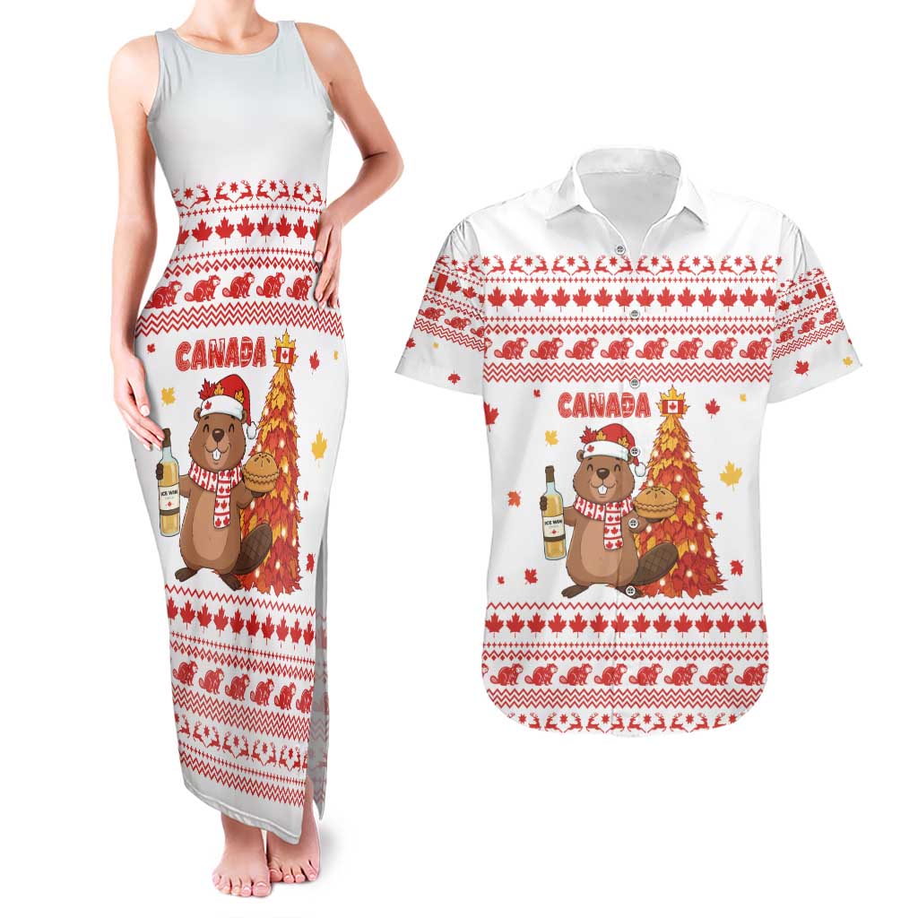 Canada Christmas Couples Matching Tank Maxi Dress and Hawaiian Shirt with Beaver Maple Tree Ice Wine Pie and Red White Knit Pattern Design - Wonder Print Shop