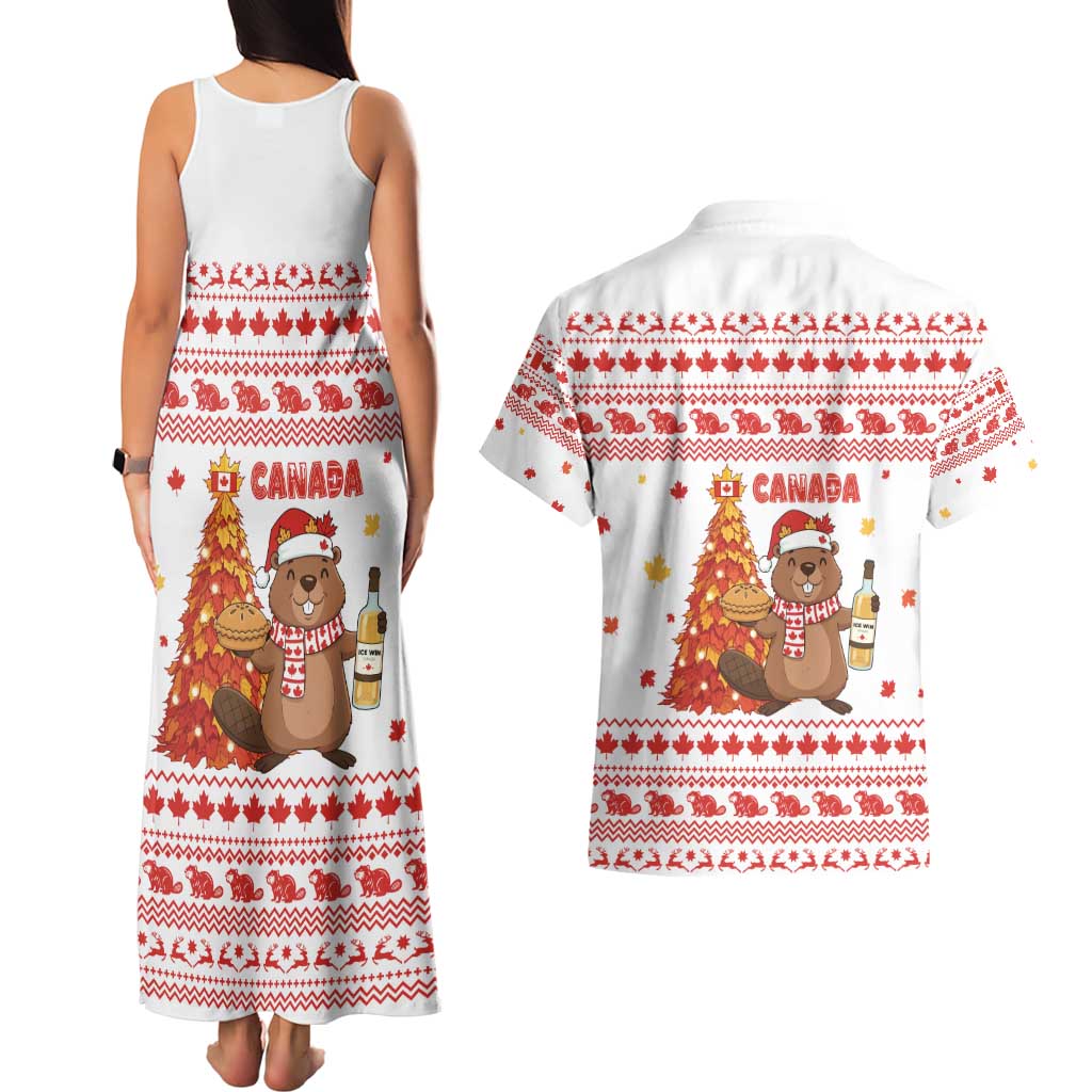 Canada Christmas Couples Matching Tank Maxi Dress and Hawaiian Shirt with Beaver Maple Tree Ice Wine Pie and Red White Knit Pattern Design - Wonder Print Shop