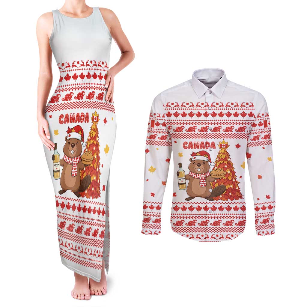 Canada Christmas Couples Matching Tank Maxi Dress and Long Sleeve Button Shirt with Beaver Maple Tree Ice Wine Pie and Red White Knit Pattern Design - Wonder Print Shop