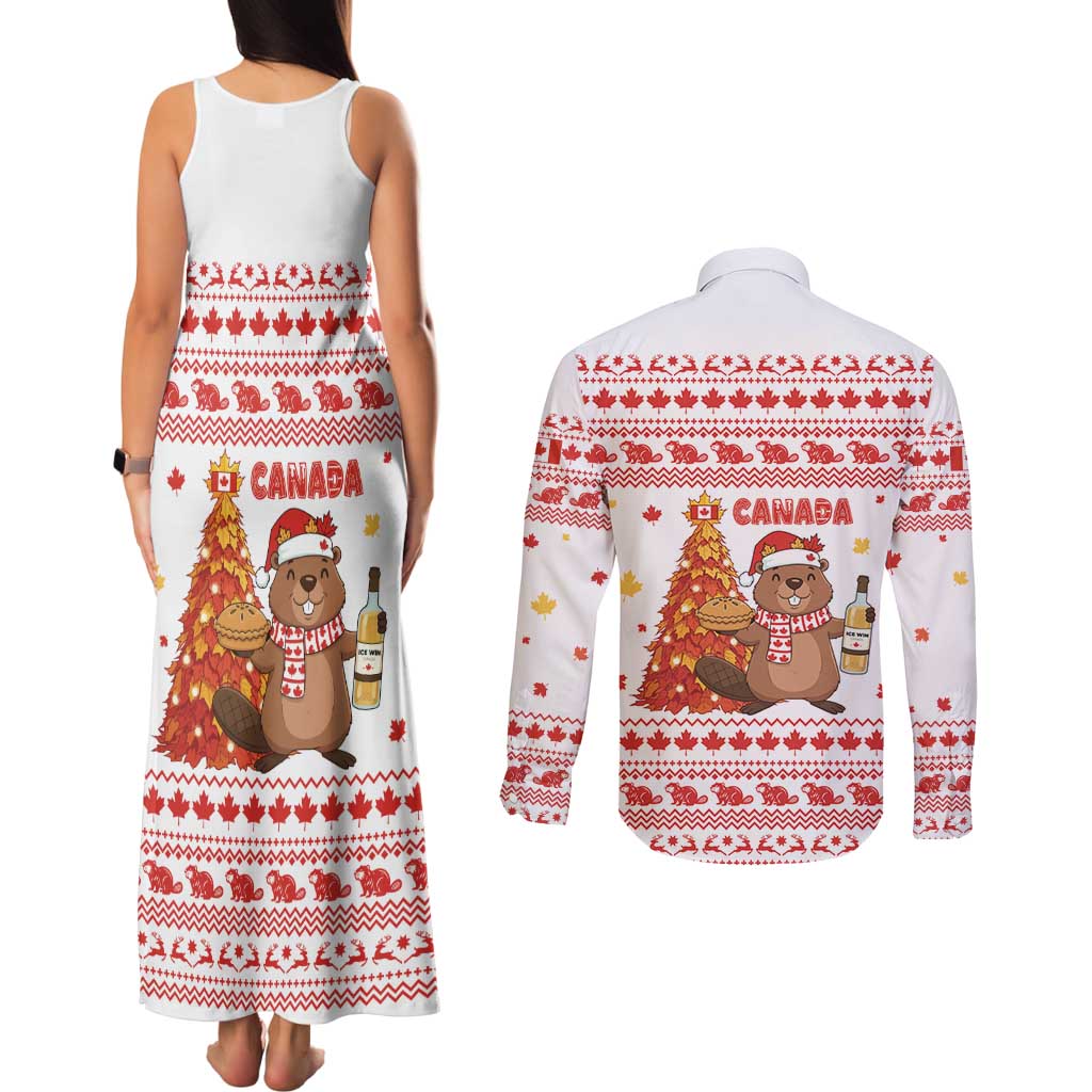 Canada Christmas Couples Matching Tank Maxi Dress and Long Sleeve Button Shirt with Beaver Maple Tree Ice Wine Pie and Red White Knit Pattern Design - Wonder Print Shop