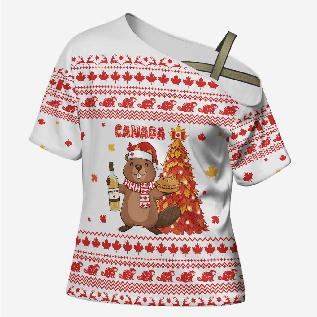 Canada Christmas Cross Shoulder Shirt with Beaver Maple Tree Ice Wine Pie and Red White Knit Pattern Design - Wonder Print Shop