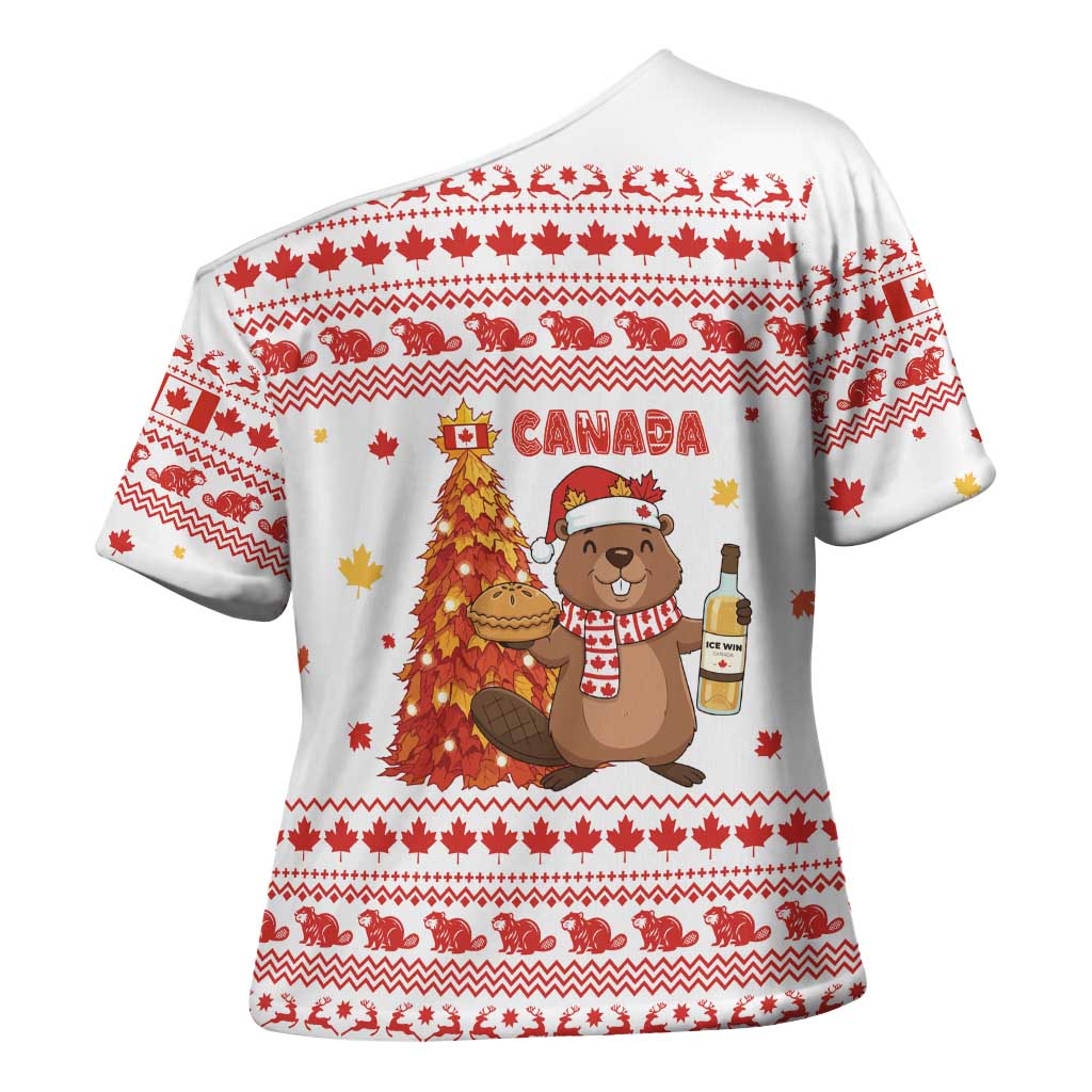Canada Christmas Cross Shoulder Shirt with Beaver Maple Tree Ice Wine Pie and Red White Knit Pattern Design - Wonder Print Shop