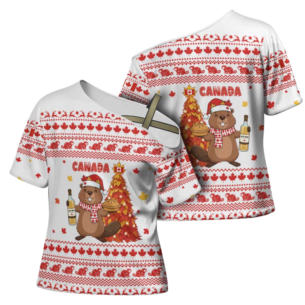 Canada Christmas Cross Shoulder Shirt with Beaver Maple Tree Ice Wine Pie and Red White Knit Pattern Design - Wonder Print Shop