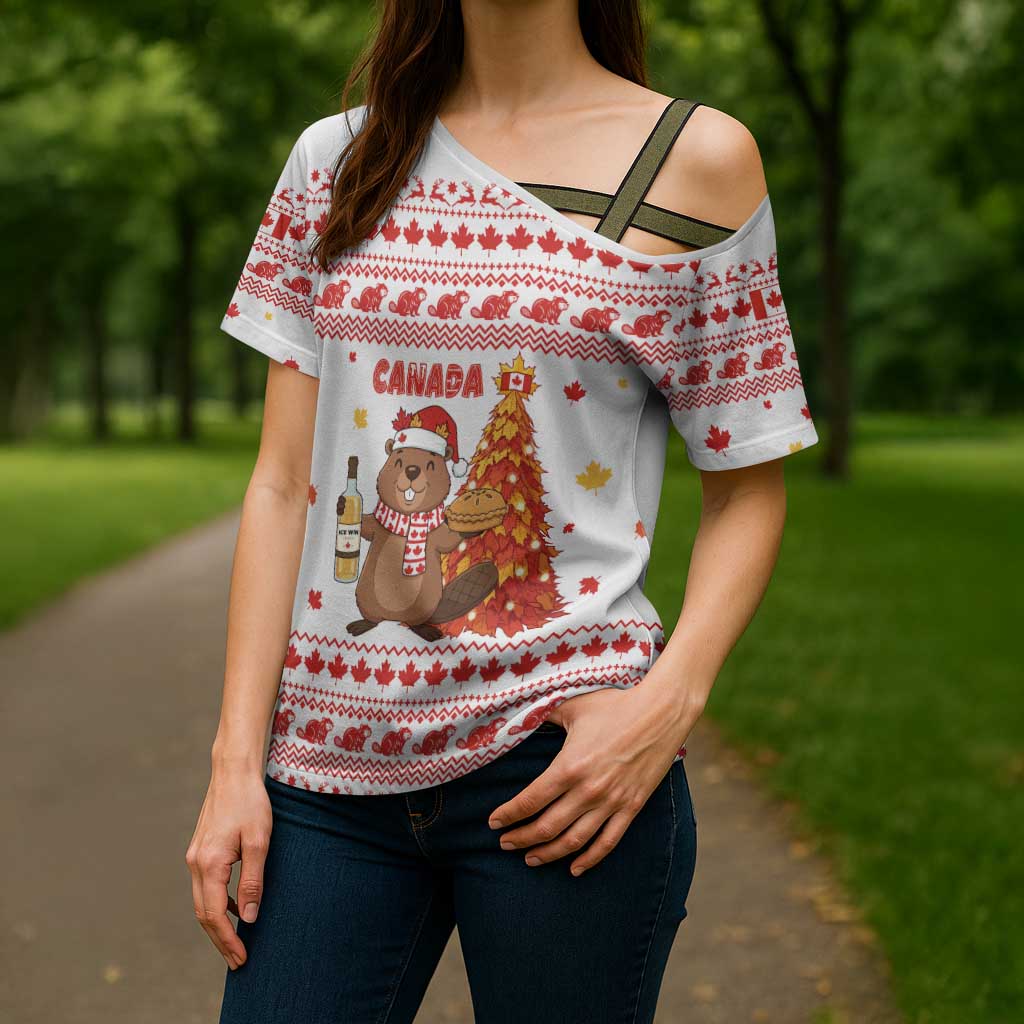 Canada Christmas Cross Shoulder Shirt with Beaver Maple Tree Ice Wine Pie and Red White Knit Pattern Design - Wonder Print Shop