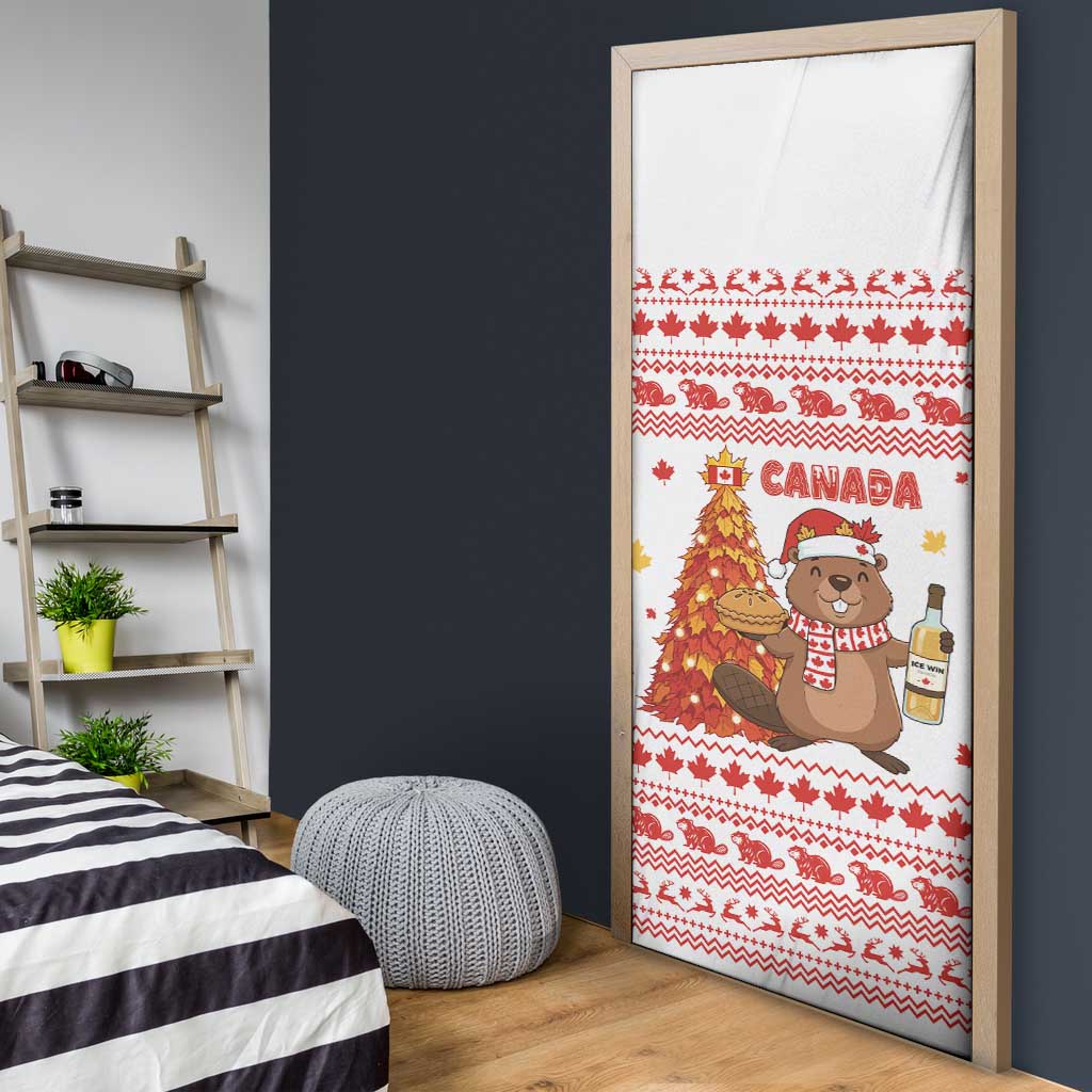 Canada Christmas Door Cover with Beaver Maple Tree Ice Wine Pie and Red White Knit Pattern Design - Wonder Print Shop