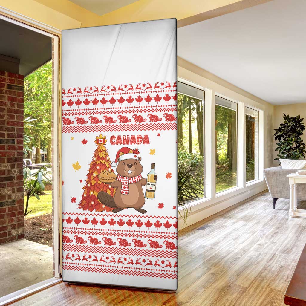 Canada Christmas Door Cover with Beaver Maple Tree Ice Wine Pie and Red White Knit Pattern Design - Wonder Print Shop