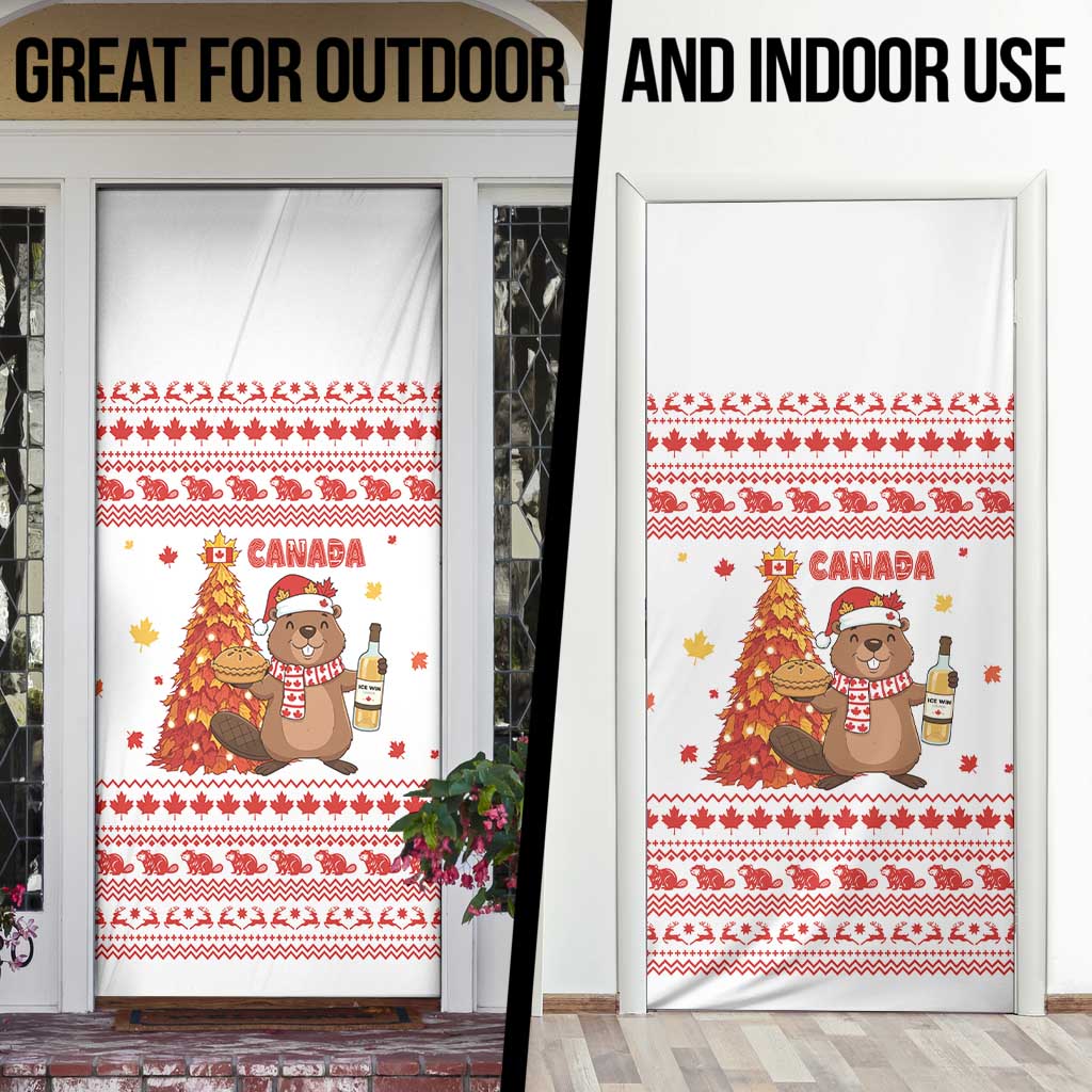 Canada Christmas Door Cover with Beaver Maple Tree Ice Wine Pie and Red White Knit Pattern Design - Wonder Print Shop