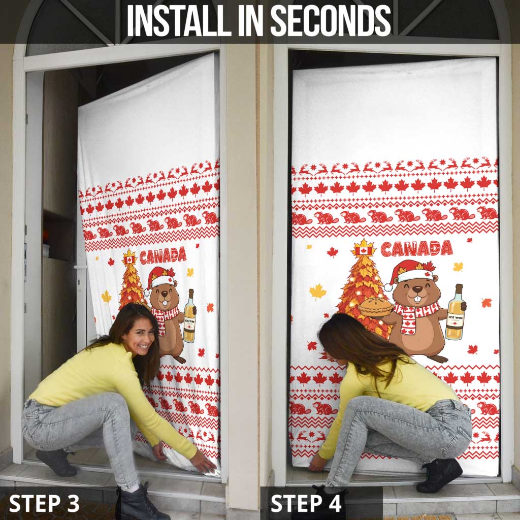 Canada Christmas Door Cover with Beaver Maple Tree Ice Wine Pie and Red White Knit Pattern Design - Wonder Print Shop