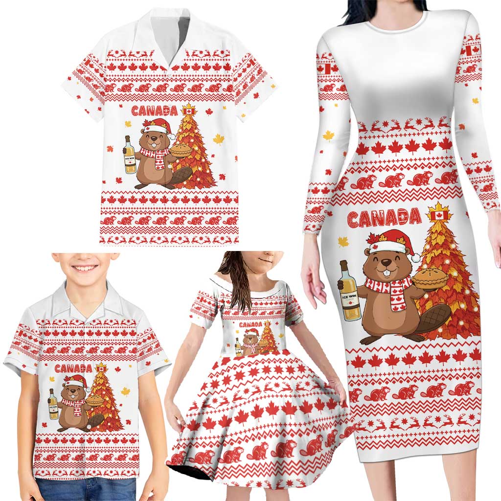 Canada Christmas Family Matching Long Sleeve Bodycon Dress and Hawaiian Shirt with Beaver Maple Tree Ice Wine Pie and Red White Knit Pattern Design - Wonder Print Shop