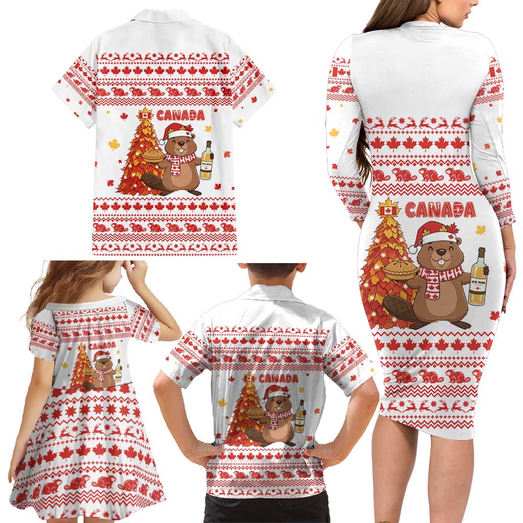 Canada Christmas Family Matching Long Sleeve Bodycon Dress and Hawaiian Shirt with Beaver Maple Tree Ice Wine Pie and Red White Knit Pattern Design - Wonder Print Shop