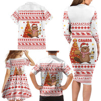Canada Christmas Family Matching Long Sleeve Bodycon Dress and Hawaiian Shirt with Beaver Maple Tree Ice Wine Pie and Red White Knit Pattern Design - Wonder Print Shop