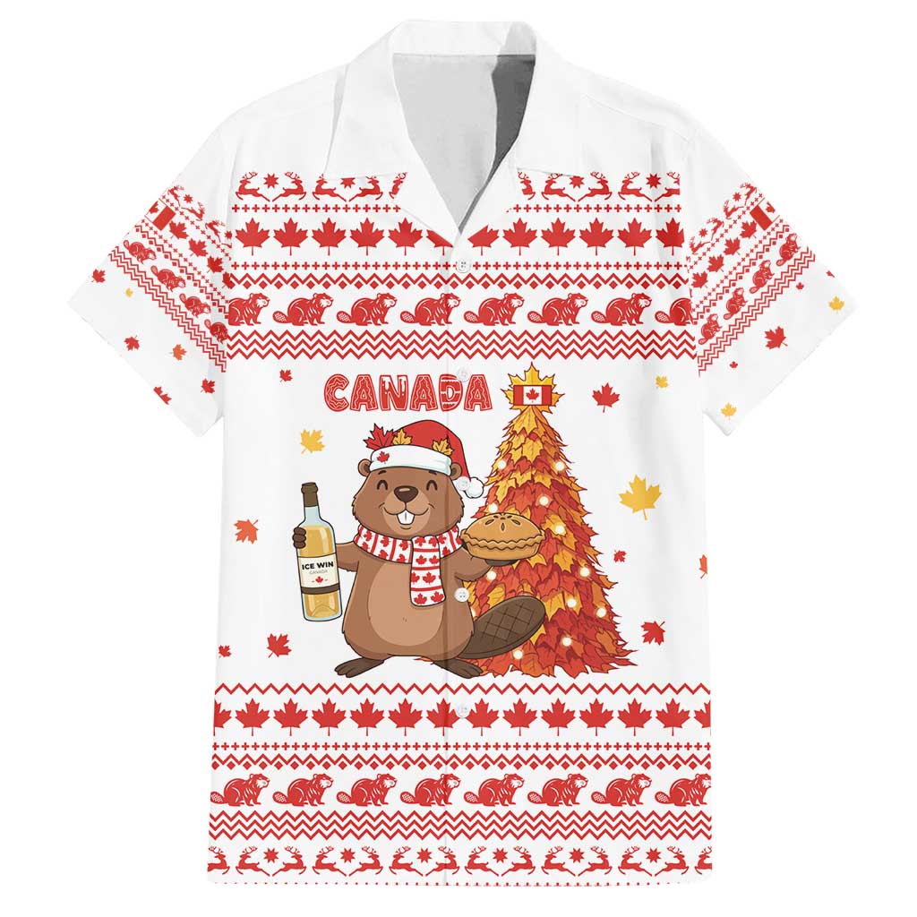 Canada Christmas Family Matching Long Sleeve Bodycon Dress and Hawaiian Shirt with Beaver Maple Tree Ice Wine Pie and Red White Knit Pattern Design - Wonder Print Shop