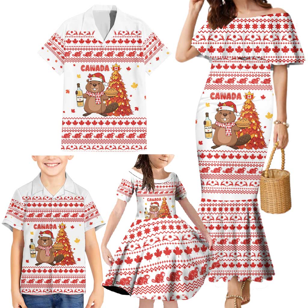 Canada Christmas Family Matching Mermaid Dress and Hawaiian Shirt with Beaver Maple Tree Ice Wine Pie and Red White Knit Pattern Design - Wonder Print Shop