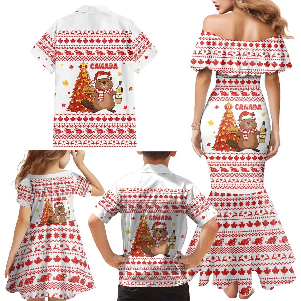 Canada Christmas Family Matching Mermaid Dress and Hawaiian Shirt with Beaver Maple Tree Ice Wine Pie and Red White Knit Pattern Design - Wonder Print Shop