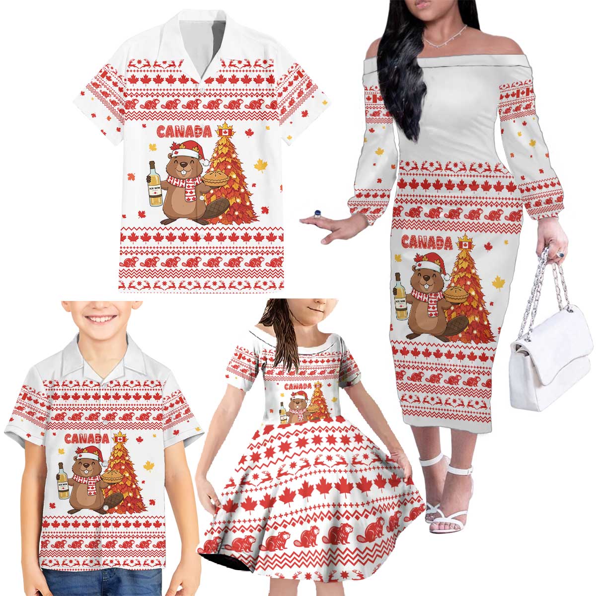 Canada Christmas Family Matching Off The Shoulder Long Sleeve Dress and Hawaiian Shirt with Beaver Maple Tree Ice Wine Pie and Red White Knit Pattern Design - Wonder Print Shop