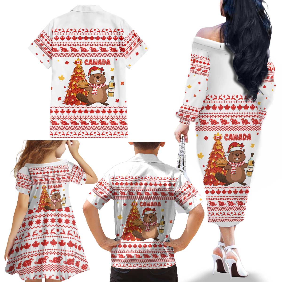 Canada Christmas Family Matching Off The Shoulder Long Sleeve Dress and Hawaiian Shirt with Beaver Maple Tree Ice Wine Pie and Red White Knit Pattern Design - Wonder Print Shop