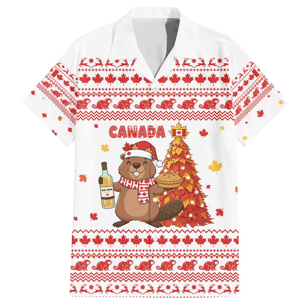 Canada Christmas Family Matching Off The Shoulder Long Sleeve Dress and Hawaiian Shirt with Beaver Maple Tree Ice Wine Pie and Red White Knit Pattern Design - Wonder Print Shop