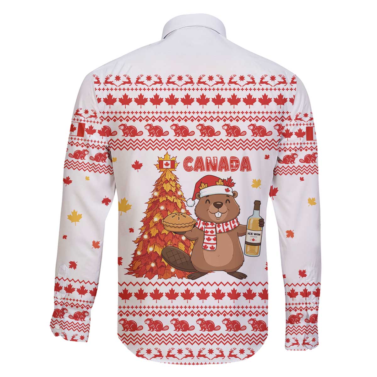 Canada Christmas Family Matching Off The Shoulder Long Sleeve Dress and Hawaiian Shirt with Beaver Maple Tree Ice Wine Pie and Red White Knit Pattern Design - Wonder Print Shop