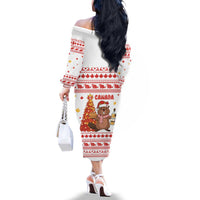 Canada Christmas Family Matching Off The Shoulder Long Sleeve Dress and Hawaiian Shirt with Beaver Maple Tree Ice Wine Pie and Red White Knit Pattern Design - Wonder Print Shop