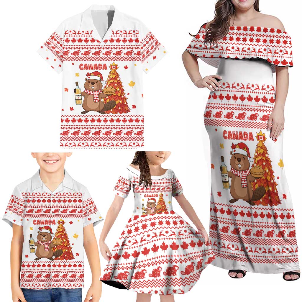 Canada Christmas Family Matching Off Shoulder Maxi Dress and Hawaiian Shirt with Beaver Maple Tree Ice Wine Pie and Red White Knit Pattern Design - Wonder Print Shop