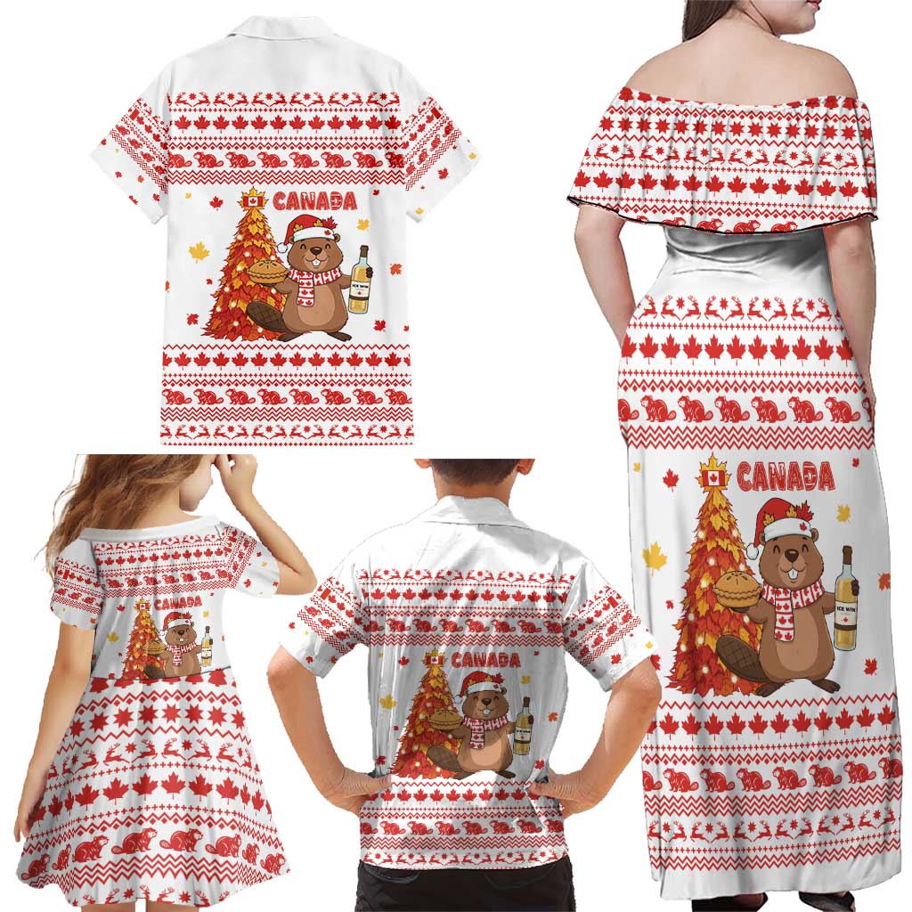 Canada Christmas Family Matching Off Shoulder Maxi Dress and Hawaiian Shirt with Beaver Maple Tree Ice Wine Pie and Red White Knit Pattern Design - Wonder Print Shop