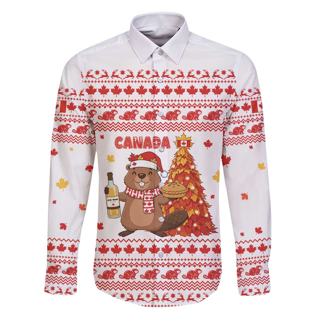 Canada Christmas Family Matching Off Shoulder Maxi Dress and Hawaiian Shirt with Beaver Maple Tree Ice Wine Pie and Red White Knit Pattern Design - Wonder Print Shop