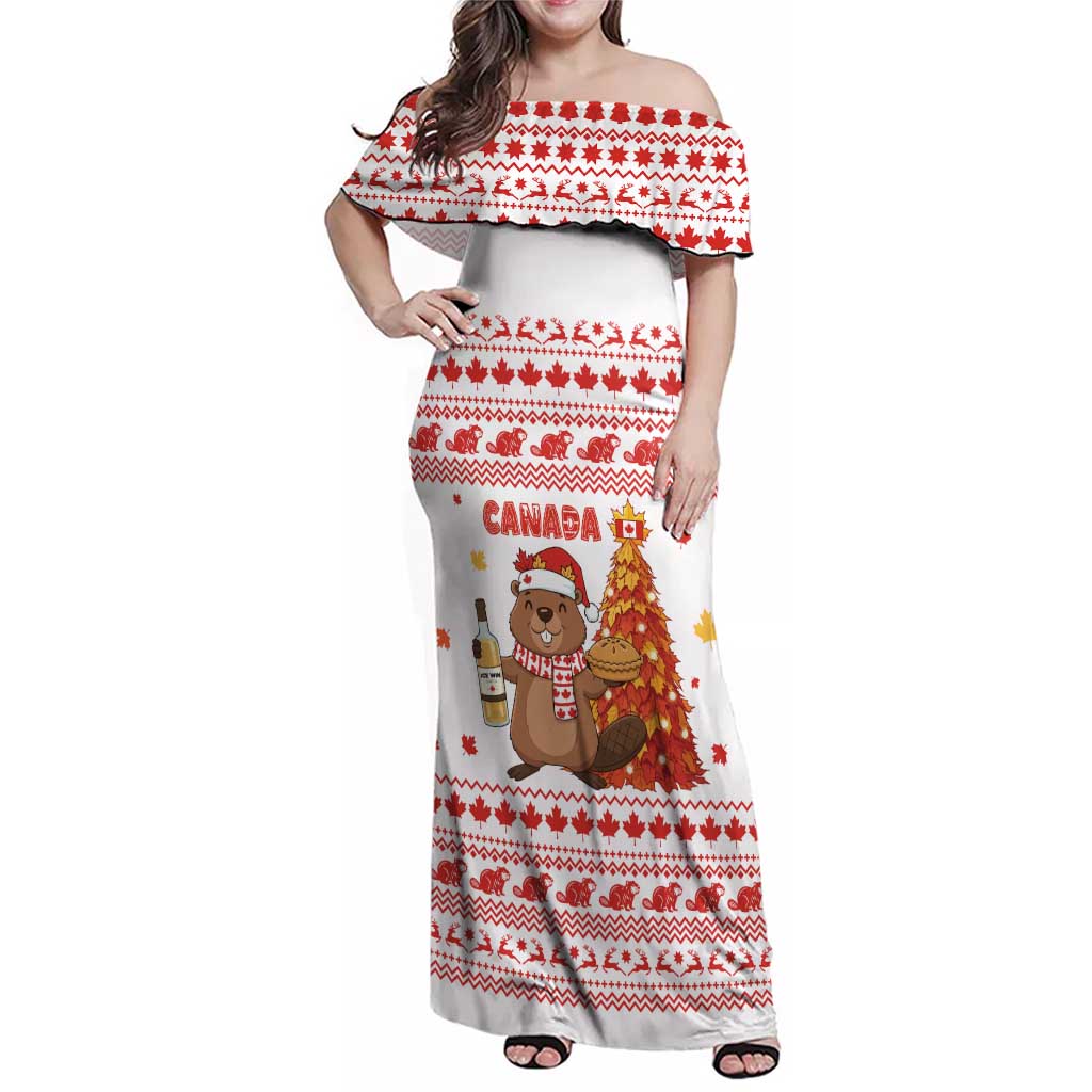 Canada Christmas Family Matching Off Shoulder Maxi Dress and Hawaiian Shirt with Beaver Maple Tree Ice Wine Pie and Red White Knit Pattern Design - Wonder Print Shop