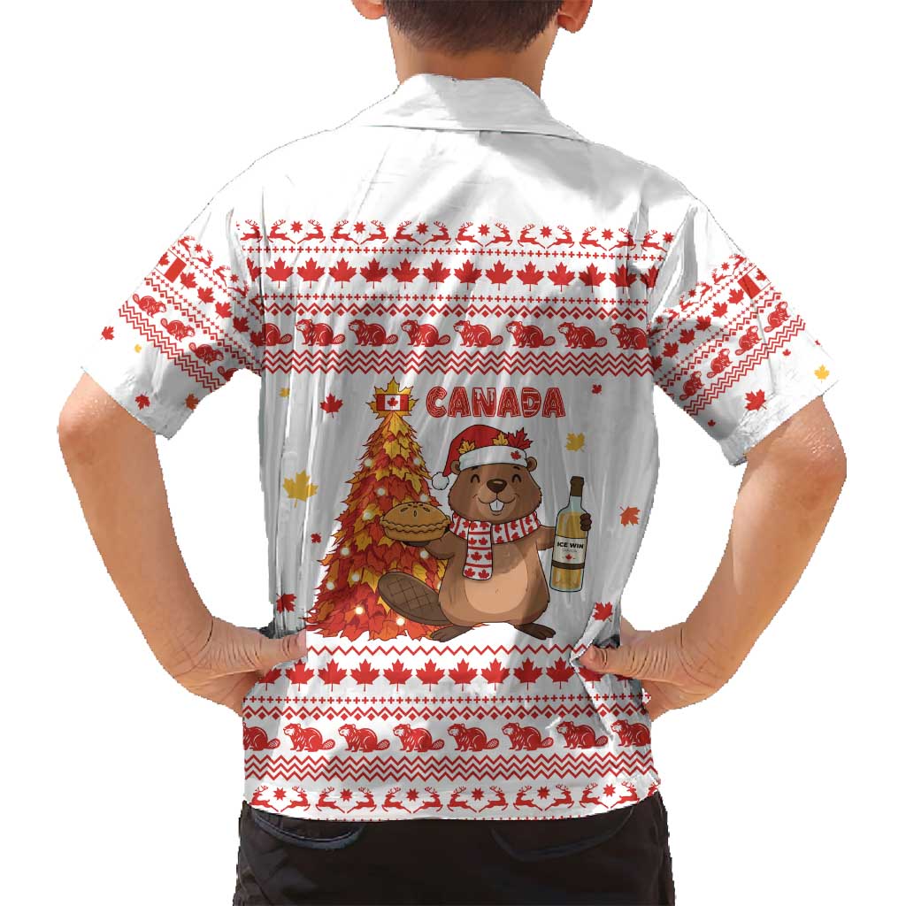 Canada Christmas Family Matching Off Shoulder Short Dress and Hawaiian Shirt with Beaver Maple Tree Ice Wine Pie and Red White Knit Pattern Design - Wonder Print Shop