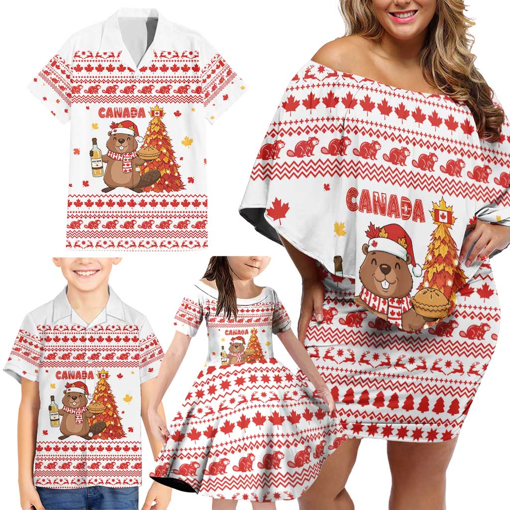 Canada Christmas Family Matching Off Shoulder Short Dress and Hawaiian Shirt with Beaver Maple Tree Ice Wine Pie and Red White Knit Pattern Design - Wonder Print Shop
