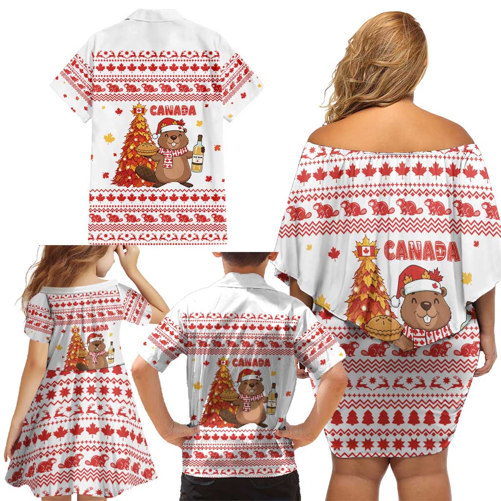 Canada Christmas Family Matching Off Shoulder Short Dress and Hawaiian Shirt with Beaver Maple Tree Ice Wine Pie and Red White Knit Pattern Design - Wonder Print Shop