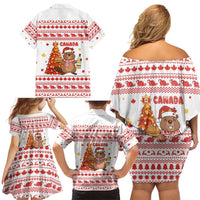 Canada Christmas Family Matching Off Shoulder Short Dress and Hawaiian Shirt with Beaver Maple Tree Ice Wine Pie and Red White Knit Pattern Design - Wonder Print Shop