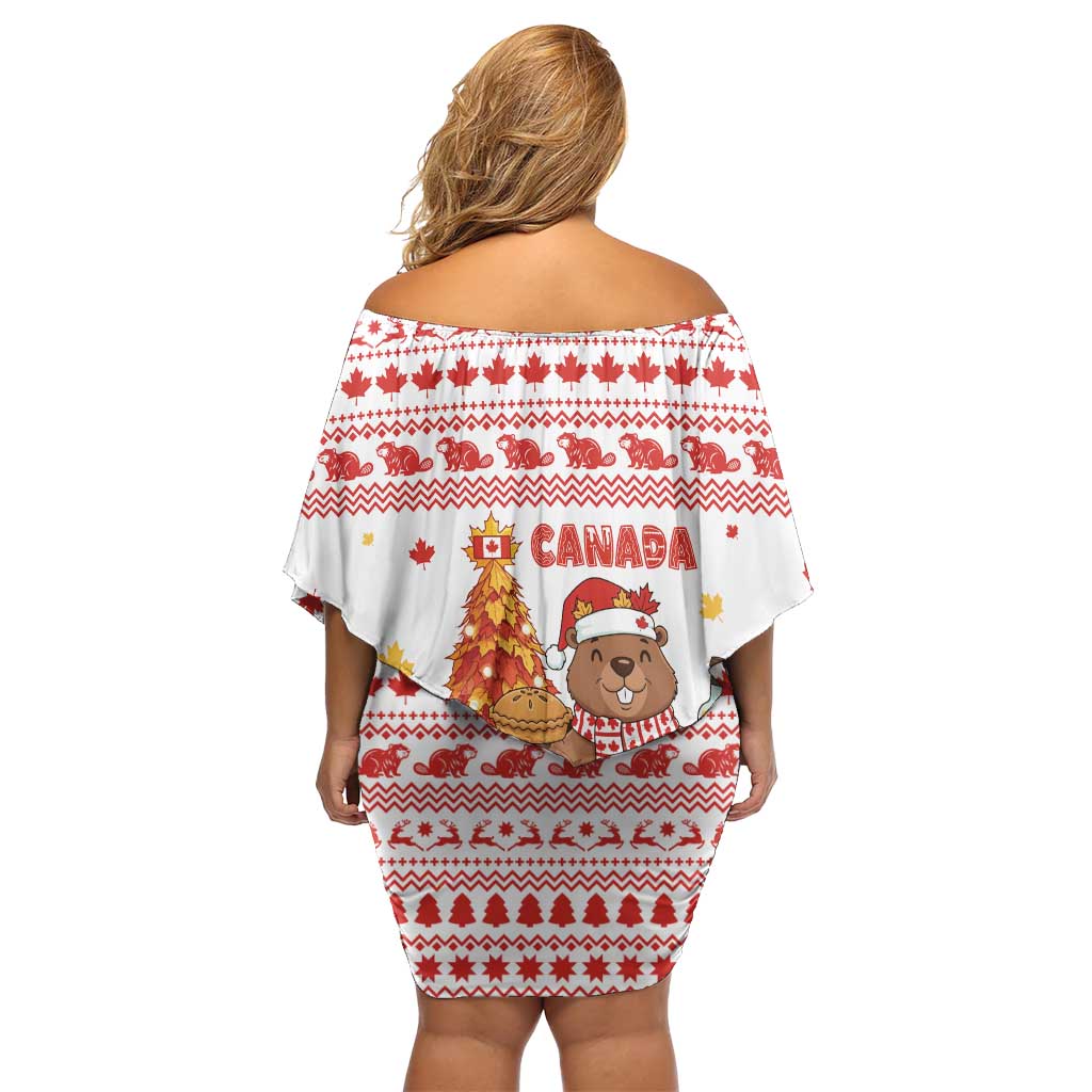 Canada Christmas Family Matching Off Shoulder Short Dress and Hawaiian Shirt with Beaver Maple Tree Ice Wine Pie and Red White Knit Pattern Design - Wonder Print Shop