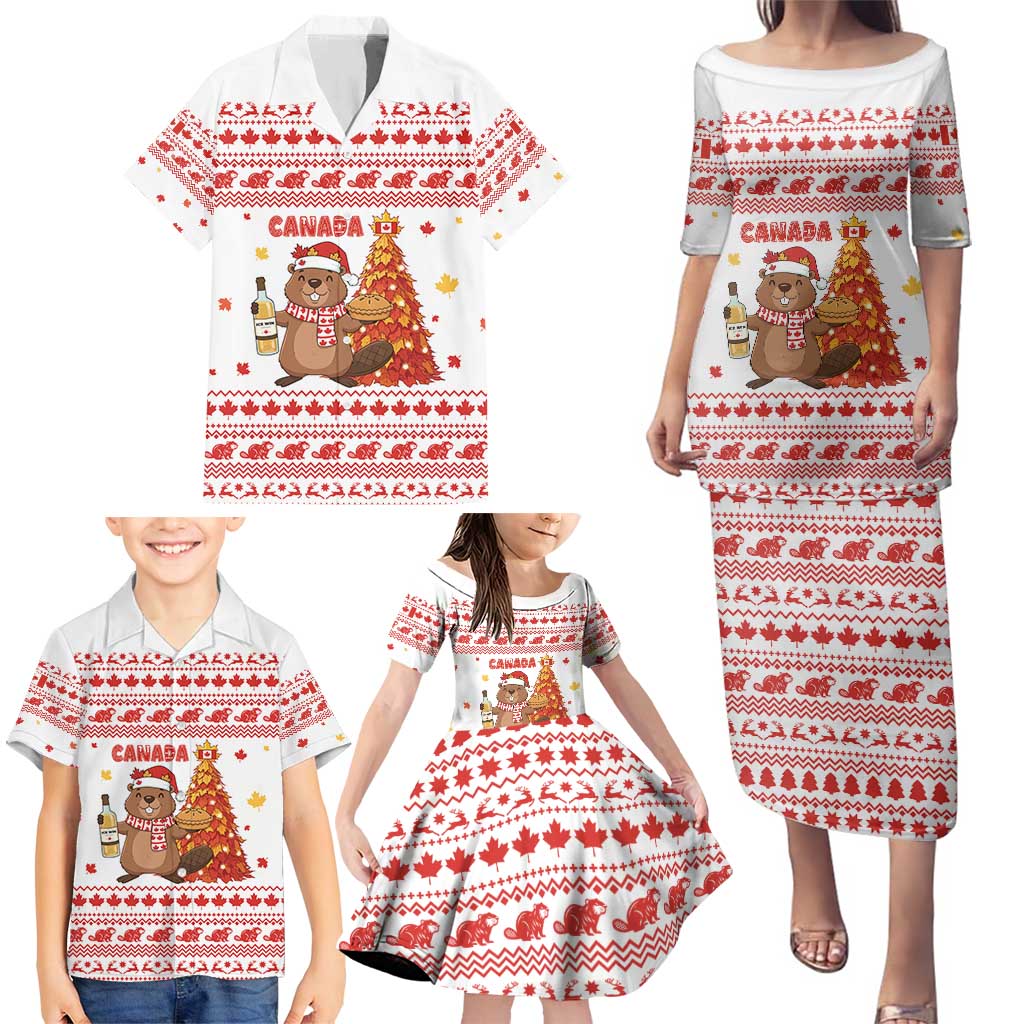 Canada Christmas Family Matching Puletasi and Hawaiian Shirt with Beaver Maple Tree Ice Wine Pie and Red White Knit Pattern Design - Wonder Print Shop