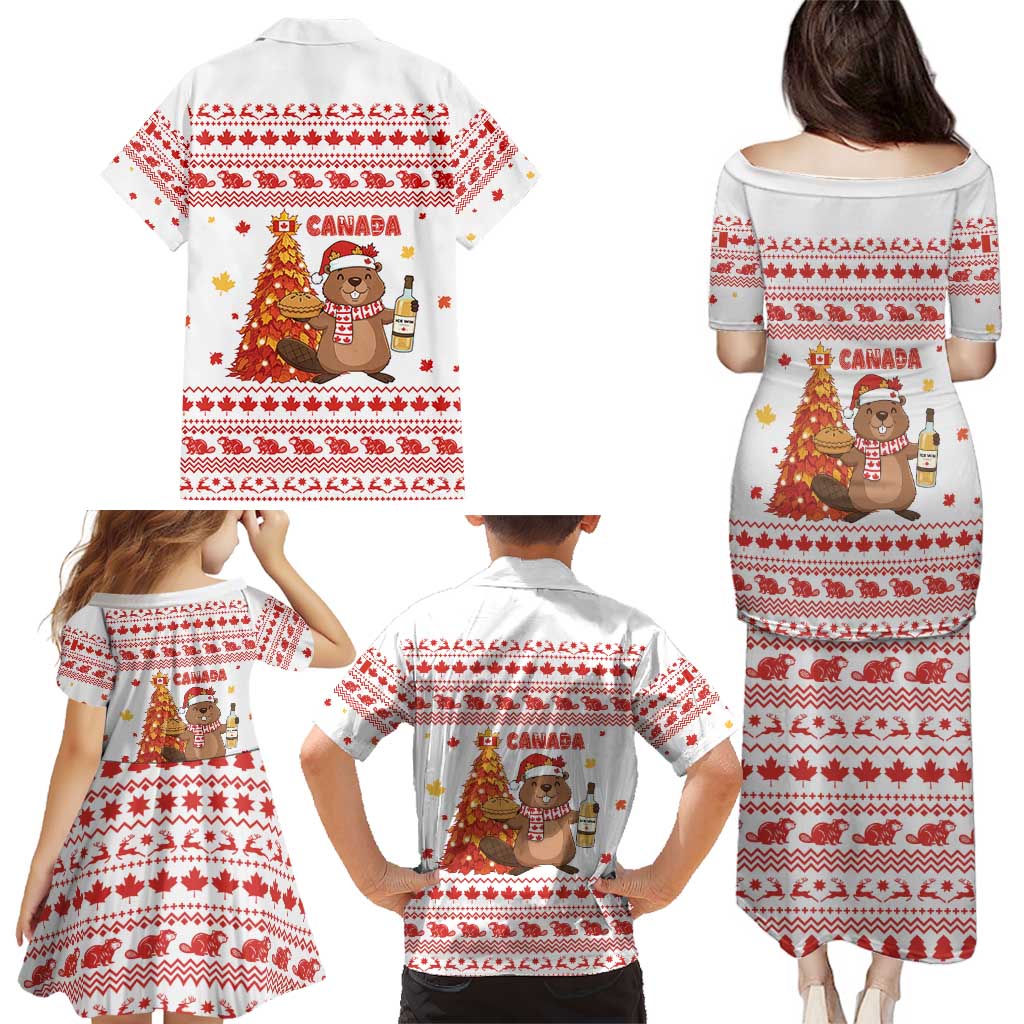Canada Christmas Family Matching Puletasi and Hawaiian Shirt with Beaver Maple Tree Ice Wine Pie and Red White Knit Pattern Design - Wonder Print Shop