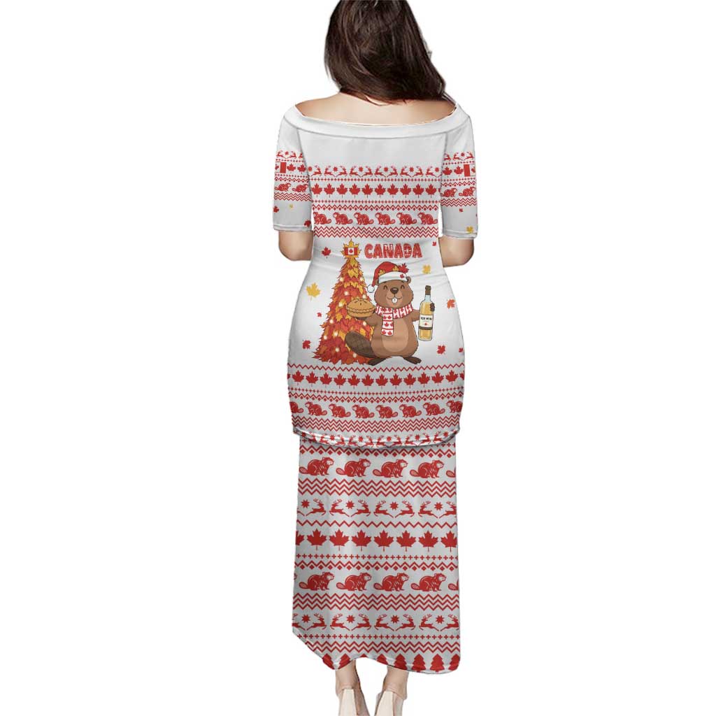 Canada Christmas Family Matching Puletasi and Hawaiian Shirt with Beaver Maple Tree Ice Wine Pie and Red White Knit Pattern Design - Wonder Print Shop