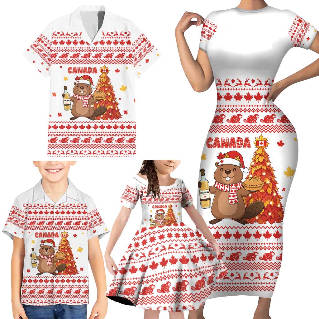 Canada Christmas Family Matching Short Sleeve Bodycon Dress and Hawaiian Shirt with Beaver Maple Tree Ice Wine Pie and Red White Knit Pattern Design - Wonder Print Shop