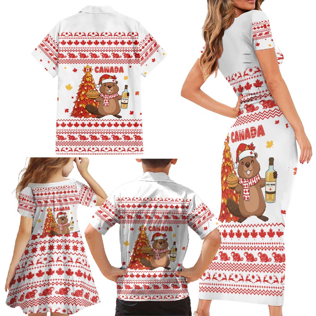 Canada Christmas Family Matching Short Sleeve Bodycon Dress and Hawaiian Shirt with Beaver Maple Tree Ice Wine Pie and Red White Knit Pattern Design - Wonder Print Shop